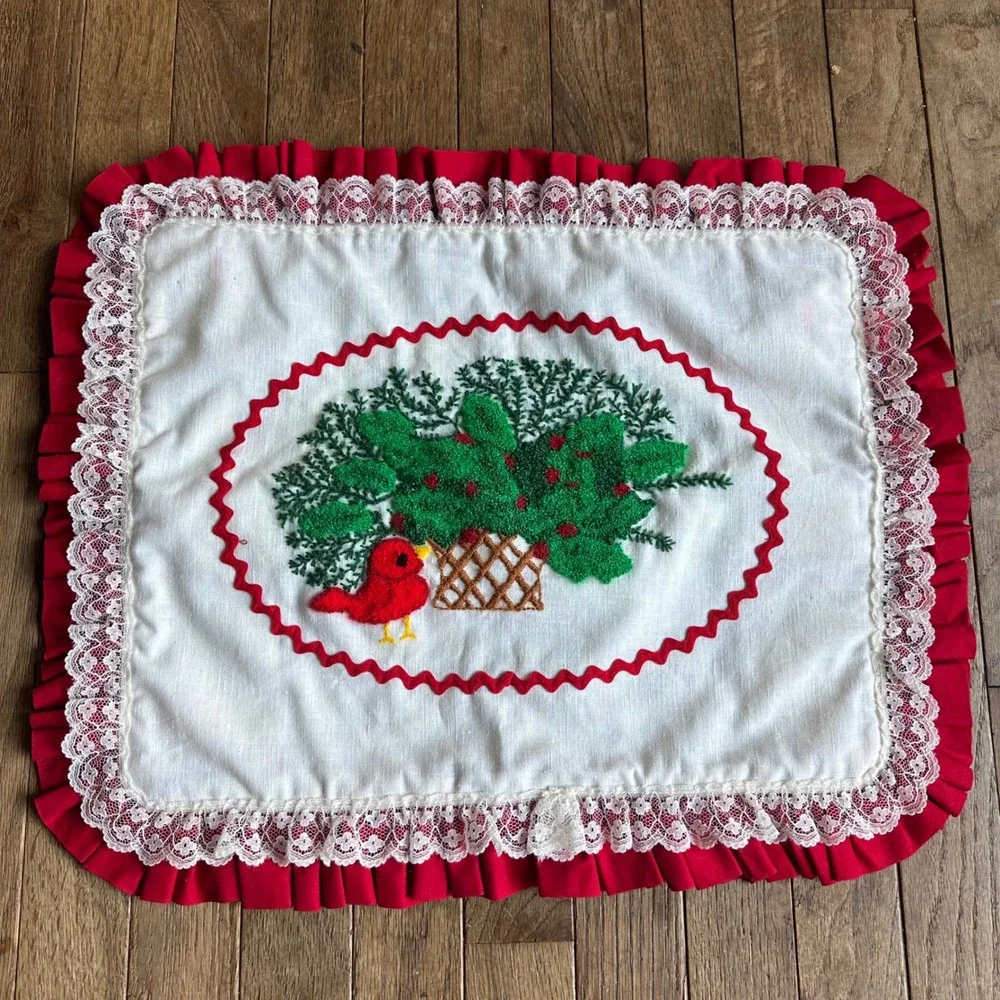 Vintage Christmas Cardinal Bird Embroidered Pillow Case Handmade‎ Holiday Decor